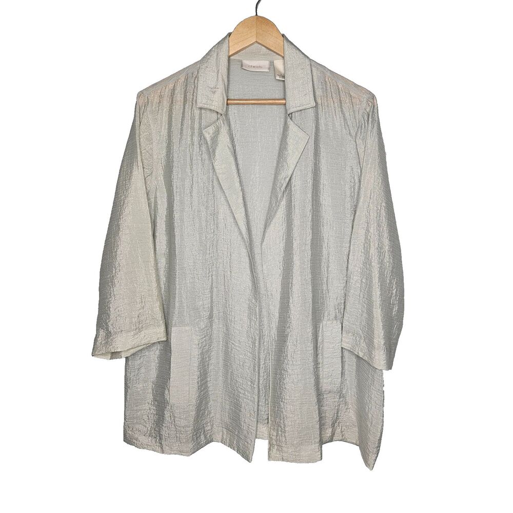 CHICOS Shimmery Lightweight Jacket Size 3 XL Open Front Greenish Gray Lagenlook